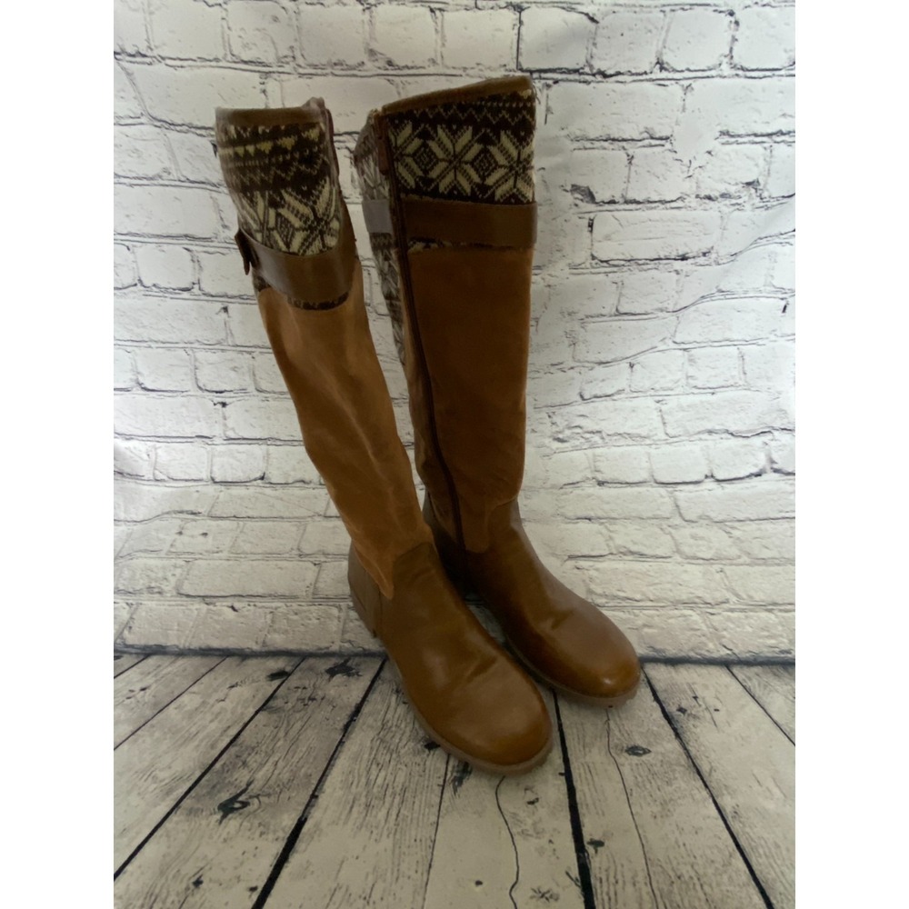 Womens Knee High Boots EU 37 US 6.5 Brown Fair Isle Side Zip Faux Suede Riding